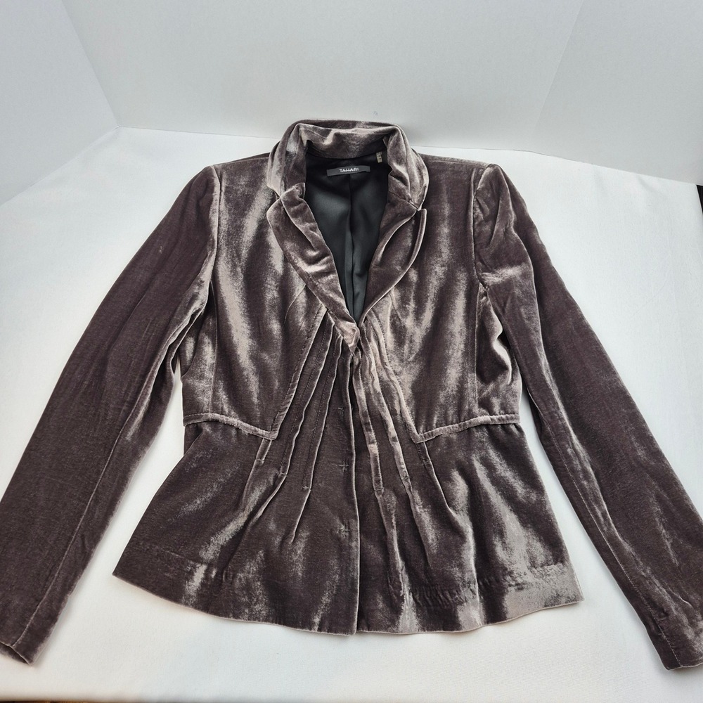 Tahari Velvet Blazer 10 Grey Silk Blend Peplum Pleated Snap Jacket Whimsigoth